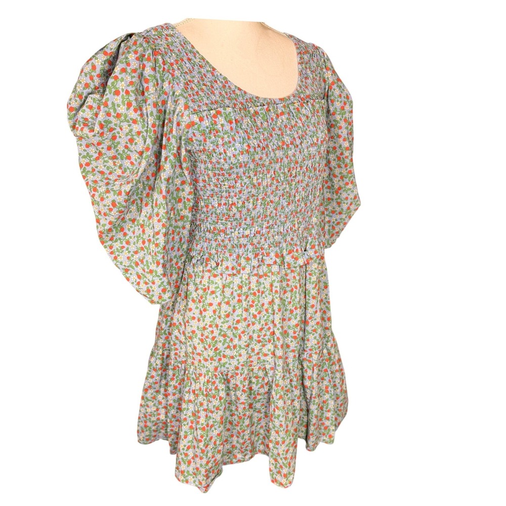 Sea New York Lilly Smocked Mini Dress Blue Strawberry Floral Puff Sleeve Large - Picture 9 of 12